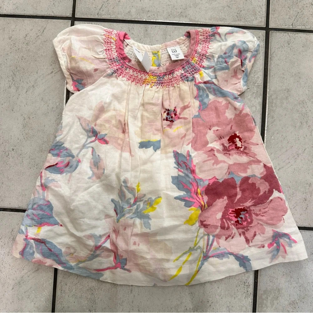 Baby Gap Floral Print Baby Dress New Girl Puff-Sleeve Dress Ivory 12-18M